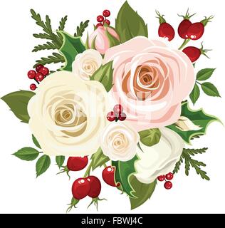 Bouquet de Noël rose et blanc avec roses, églantier, Holly et branches de sapin. Vector illustration. Illustration de Vecteur