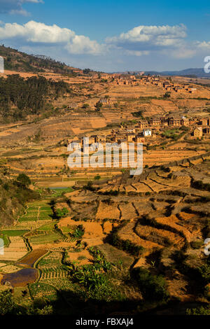 Paysage et rizières entre Ambositra et Ranomafana, Route Nationale 7, à Madagascar Banque D'Images