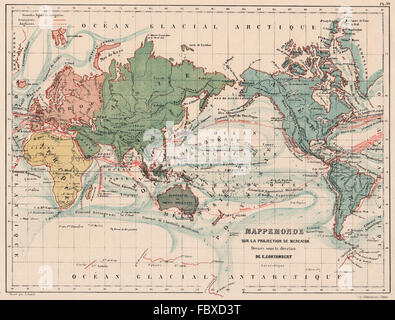 Sur la projection de MERCATOR mondial montrant Anglais & Français routes maritimes 1880 map Banque D'Images