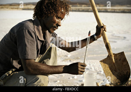 Loin de l'Afrique de l'homme travaillant dans un marais salants sur la rive du lac Afrera, région Afar, Ethiopie Banque D'Images