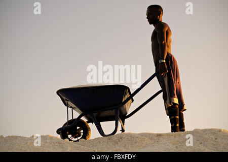 Jeune homme africain avec une brouette sur un tas de sel dans les mines de sel sur la rive du lac Afrera, région Afar, Ethiopie Banque D'Images