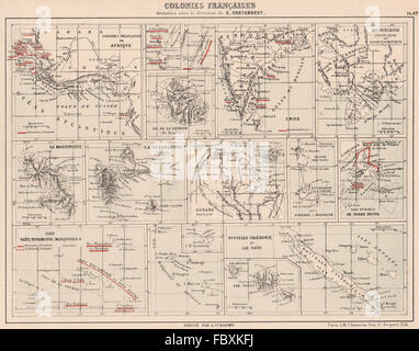 Colonies Françaises Afrique Inde Cochinchine Antilles Polynesie Reunion 1880 map Banque D'Images