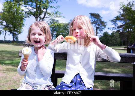 Soeur jour dehors avec de la crème glacée et lolly Banque D'Images