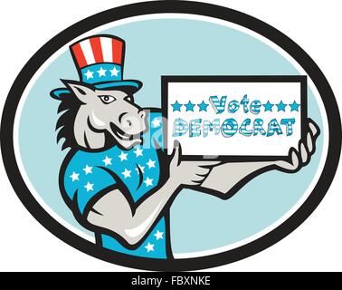 Illustration d'un démocrate âne mascotte de la grand old party gop portant le drapeau américain stars and stripes shirt et hat holding présentation Vote Democrat sign fait en cartoon style situé à l''intérieur de la forme ovale. Illustration de Vecteur