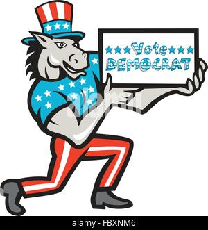 Illustration d'un démocrate âne mascotte de la grand old party gop portant American stars and stripes flag vêtements et hat holding présentation Vote Democrat sign fait en style cartoon. Illustration de Vecteur