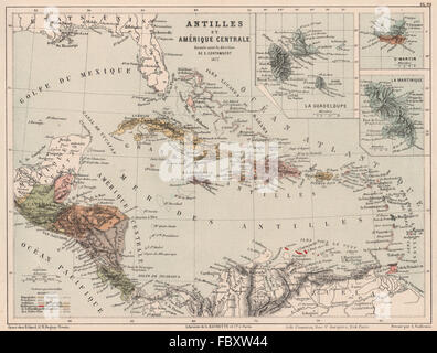 Des Caraïbes. L'encart Antilles françaises Guadeloupe Martinique St Martin, 1880 La carte Banque D'Images