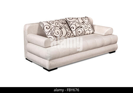 Upholstery sofa set avec oreillers motif varie isolé sur fond blanc Banque D'Images