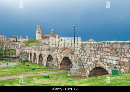 Panorama de Salamanka avec pont romain, Espagne Banque D'Images