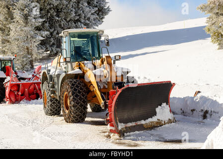 Un grand tracteur avec lame de déneigement au cours d'un hiver Banque D'Images