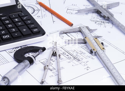 Engineerung outils sur les dessins techniques Banque D'Images