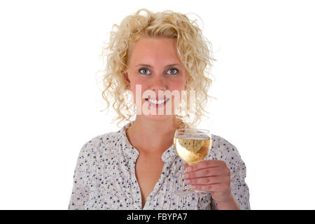 Jeune femme à boire le vin blanc Banque D'Images