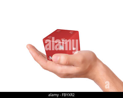 Hand holding dice isolé sur fond blanc Banque D'Images