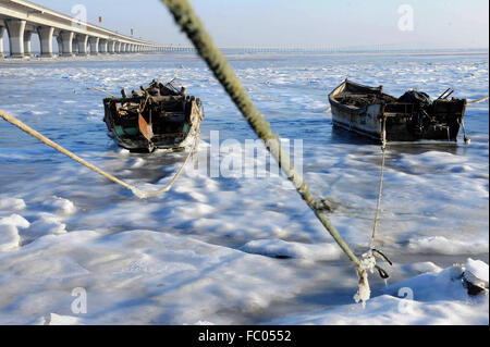 Qingdao, Shandong, CHN. 19 Jan, 2016. Qingdao, Chine - le 18 janvier 2016 : (usage éditorial uniquement. Chine OUT) L'épaisseur de la glace de mer est jusqu'à 5cm. © SIPA Asie/ZUMA/Alamy Fil Live News Banque D'Images