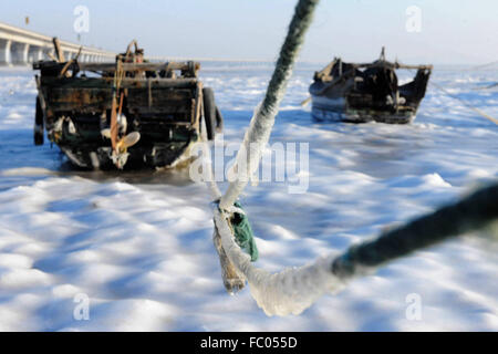 Qingdao, Shandong, CHN. 19 Jan, 2016. Qingdao, Chine - le 18 janvier 2016 : (usage éditorial uniquement. Chine OUT) L'épaisseur de la glace de mer est jusqu'à 5cm. © SIPA Asie/ZUMA/Alamy Fil Live News Banque D'Images