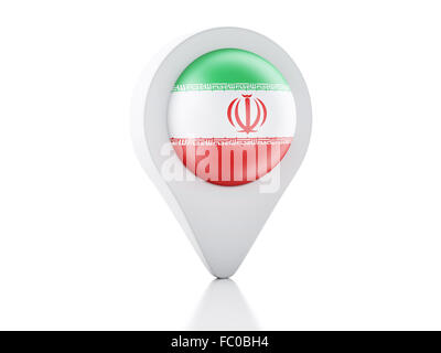 Pointeur de carte 3D sur l'icône du drapeau de l'Iran sur fond blanc Banque D'Images