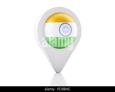 Pointeur de carte 3D sur l'icône du drapeau indien sur fond blanc Banque D'Images