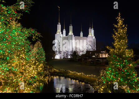 Temple Mormon à Washington DC avec les lumières de Noël Banque D'Images