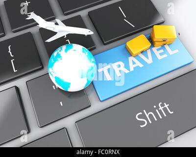 Valise, avion et de masse sur la clavier de l'ordinateur. Banque D'Images