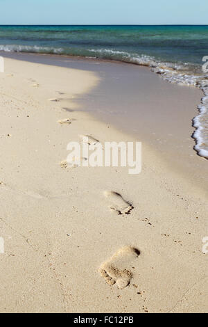 Empreintes sur plage de sable blanc Banque D'Images