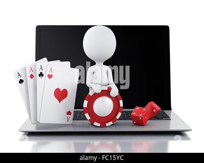 3d white people with laptop. En ligne Casino jeux Banque D'Images