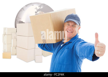 Composite image of delivery man holding cardboard box Banque D'Images