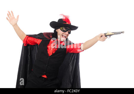 Jeune homme en manteau de carnaval avec des armes d'isolated on white Banque D'Images