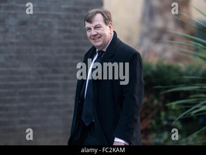 John Whittingdale, Secrétaire d'État à la culture, les médias et le sport,arrive au numéro 10 Downing Street pour une réunion du cabinet Banque D'Images