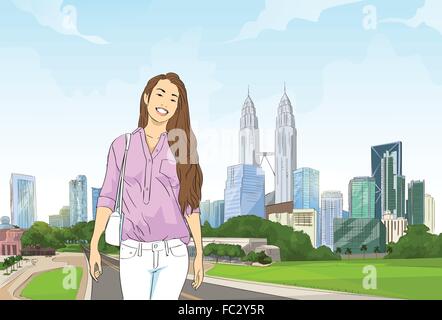 Asian Girl par route Ville Paysage urbain moderne Illustration de Vecteur