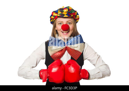 Jolie femme clown avec des gants de box isolated on white Banque D'Images