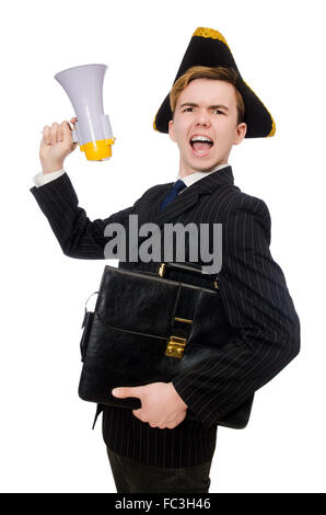 Jeune homme en costume avec chapeau de pirate et mégaphone isolated on white Banque D'Images