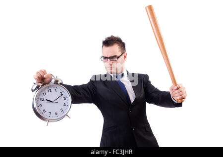 Frapper l'homme de l'horloge avec batte de base isolé sur le livre blanc Banque D'Images