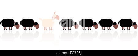 Mouton noir à la métaphore à l'autre manière autour. Cartoon illustration sur fond blanc. Banque D'Images