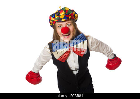 Jolie femme clown avec des gants de box isolated on white Banque D'Images