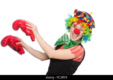 Clown féminin avec des gants de box isolated on white Banque D'Images