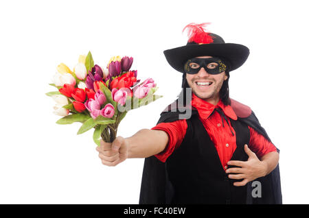 Jeune homme en manteau carnaval isolated on white Banque D'Images