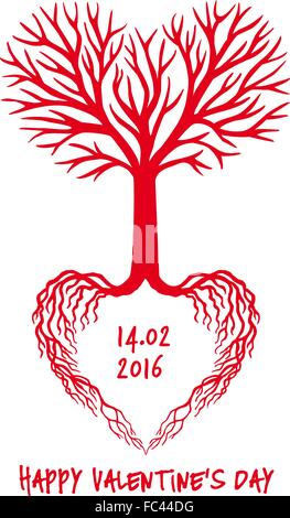 L'arbre de l'amour rouge en forme de coeur avec branches et racines, vector Valentine's day card Illustration de Vecteur