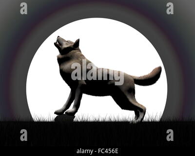 Wolf howling par nuit de pleine lune - 3D render Banque D'Images