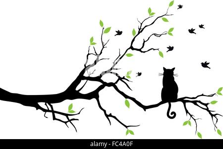 Black Cat sitting on tree branch, observer des oiseaux, vector illustration Illustration de Vecteur