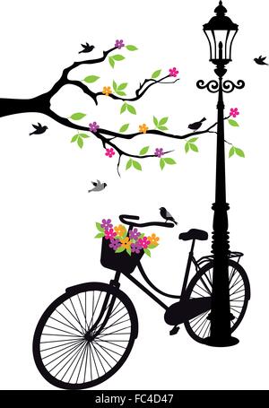 Vieux vélo avec lampe, des fleurs et des arbres, vector illustration d'arrière-plan Illustration de Vecteur