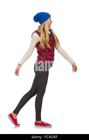 Cheveux blonds girl in bordo vest isolated on white Banque D'Images