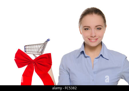 Femme avec arc rouge sur le panier Banque D'Images