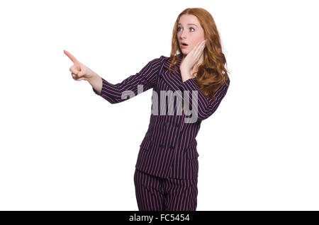 Jeune femme en costume rétro rayé isolated on white Banque D'Images