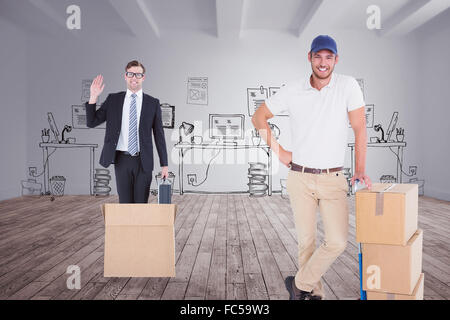 Composite image of delivery man leaning on trolley de boîtes Banque D'Images