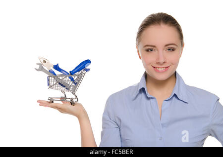 Femme avec panier à outils Banque D'Images