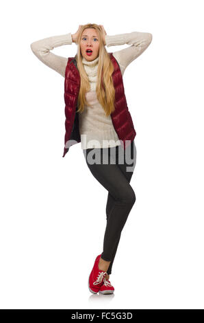 Cheveux blonds girl in bordo vest isolated on white Banque D'Images