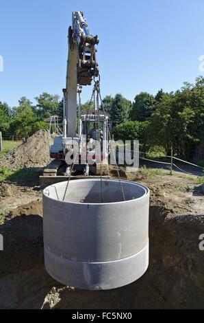 Anneaux de béton de l'abaissement de la pelle Banque D'Images