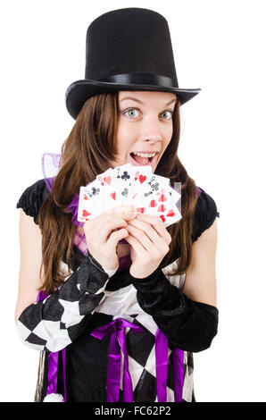Jolie fille en costume de bouffon avec cartes isolated on white Banque D'Images