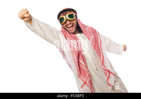 Homme portant des lunettes aviateur arabe isolated on white Banque D'Images