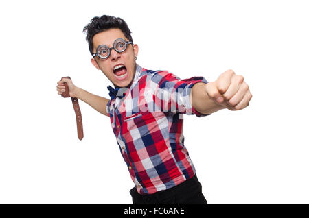 Jeune homme en chemise à carreaux isolated on white Banque D'Images