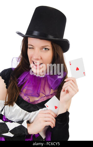 Jolie fille en costume de bouffon avec cartes isolated on white Banque D'Images